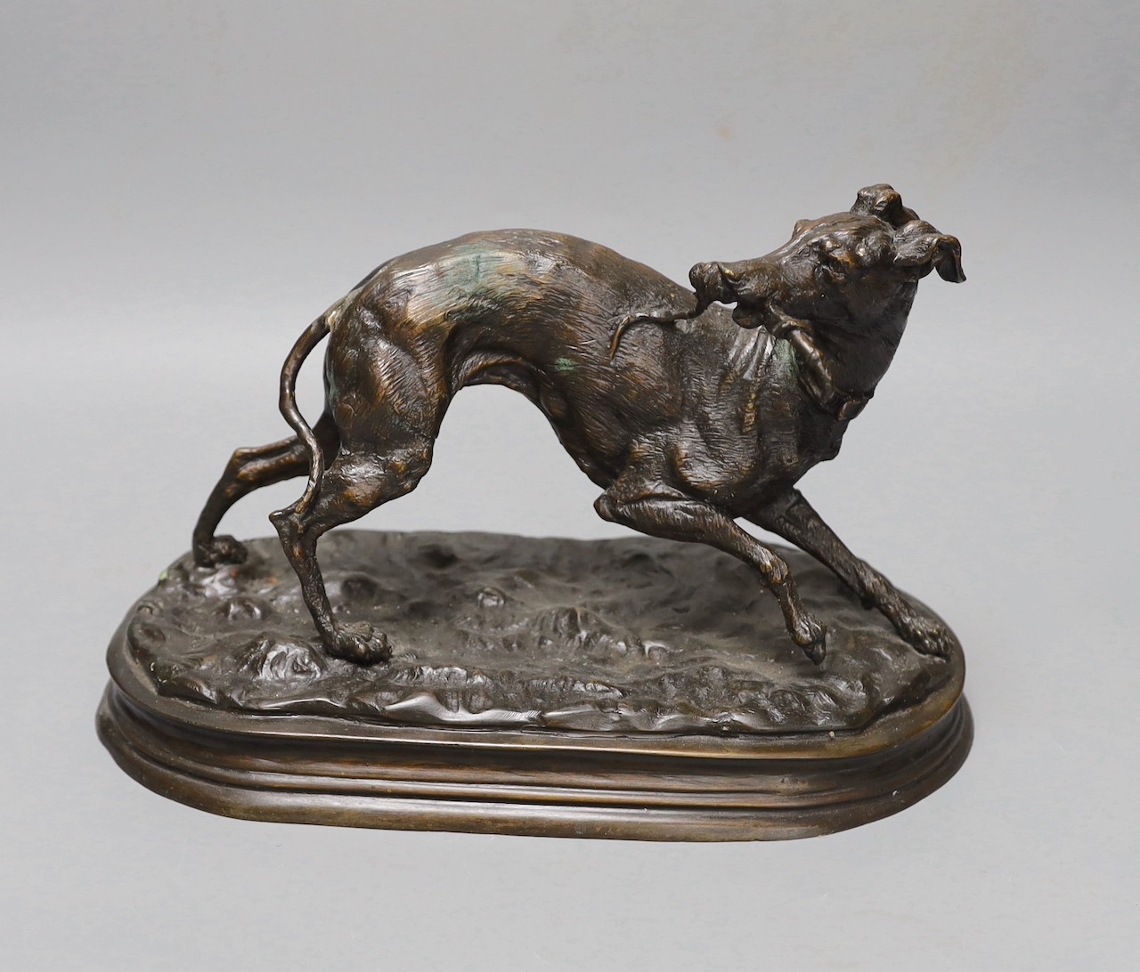 After Mene, a bronze figure of a whippet, 31cms wide.